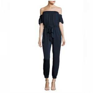 Milly Maxime Off-the-Shoulder Stretch-Silk Navy Jumpsuit Size 6